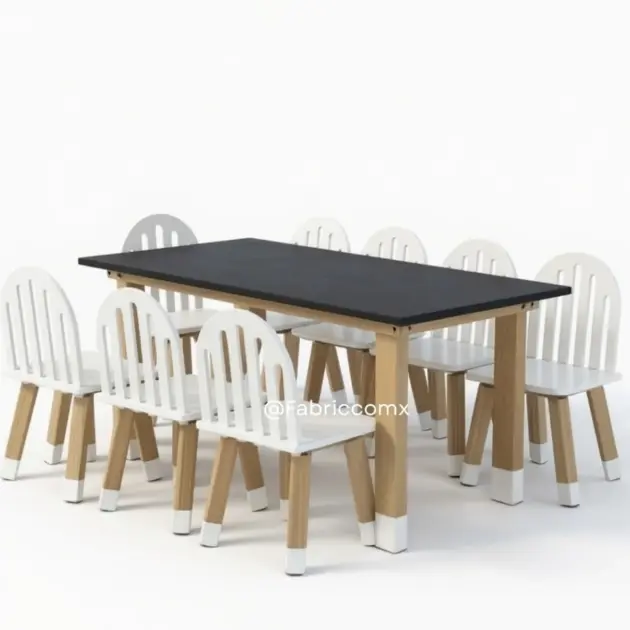Set de Mesa pizarron y 10 sillas rejilla blancas