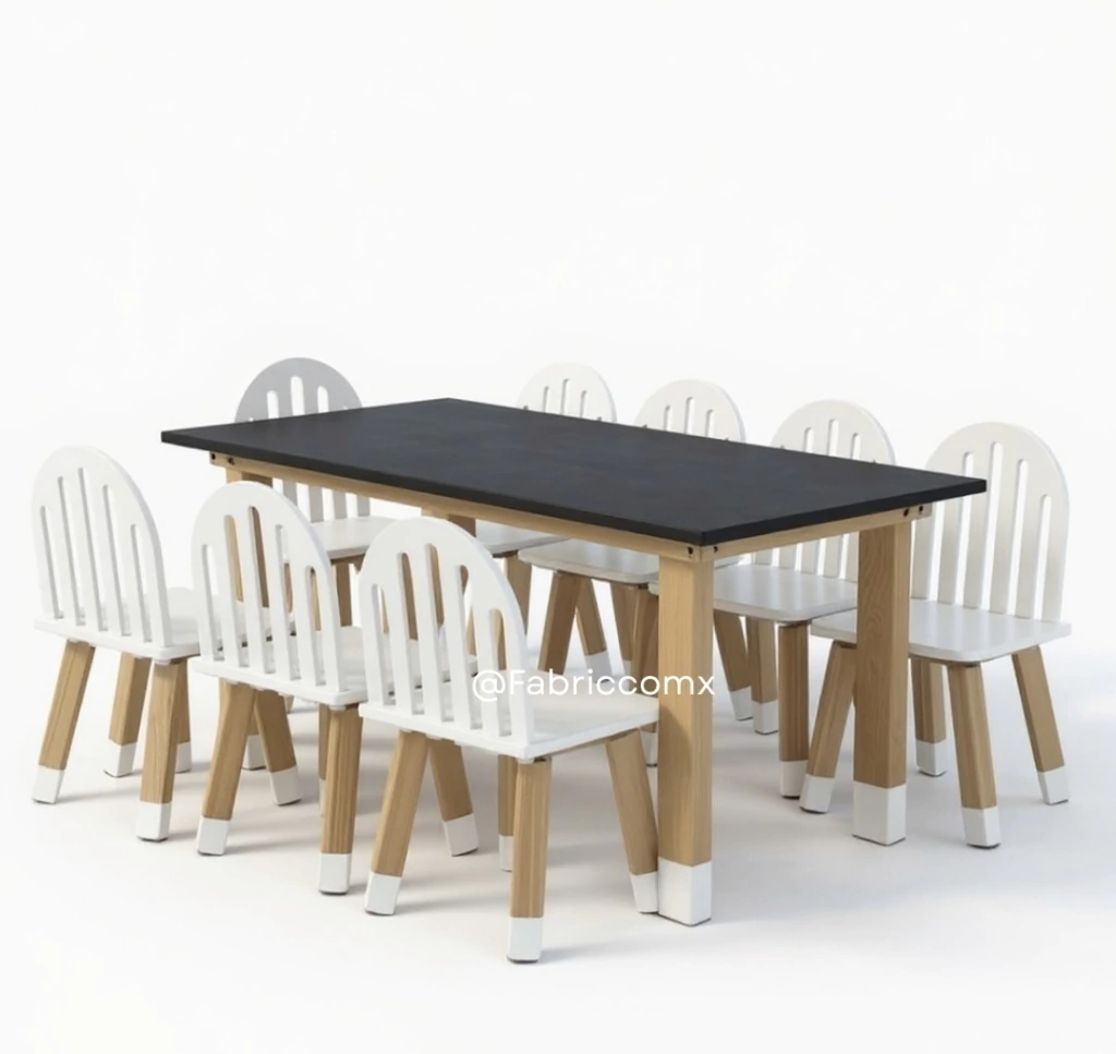 Set de Mesa pizarron y 10 sillas rejilla blancas