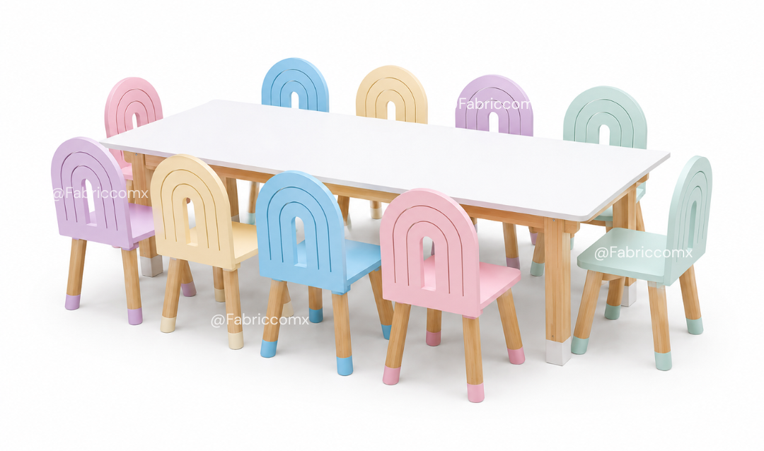Set de Mesa blanca y 10 sillas de arcoiris
