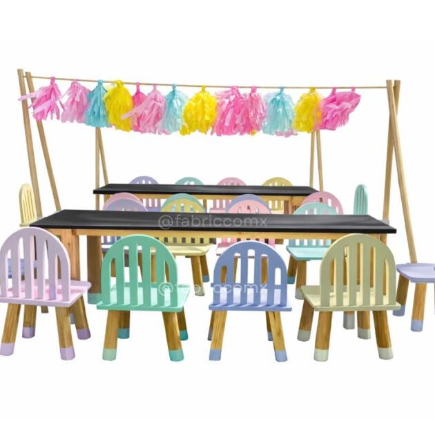Set de Mesa pizarron y 10 sillas rejilla  en tonos pastel